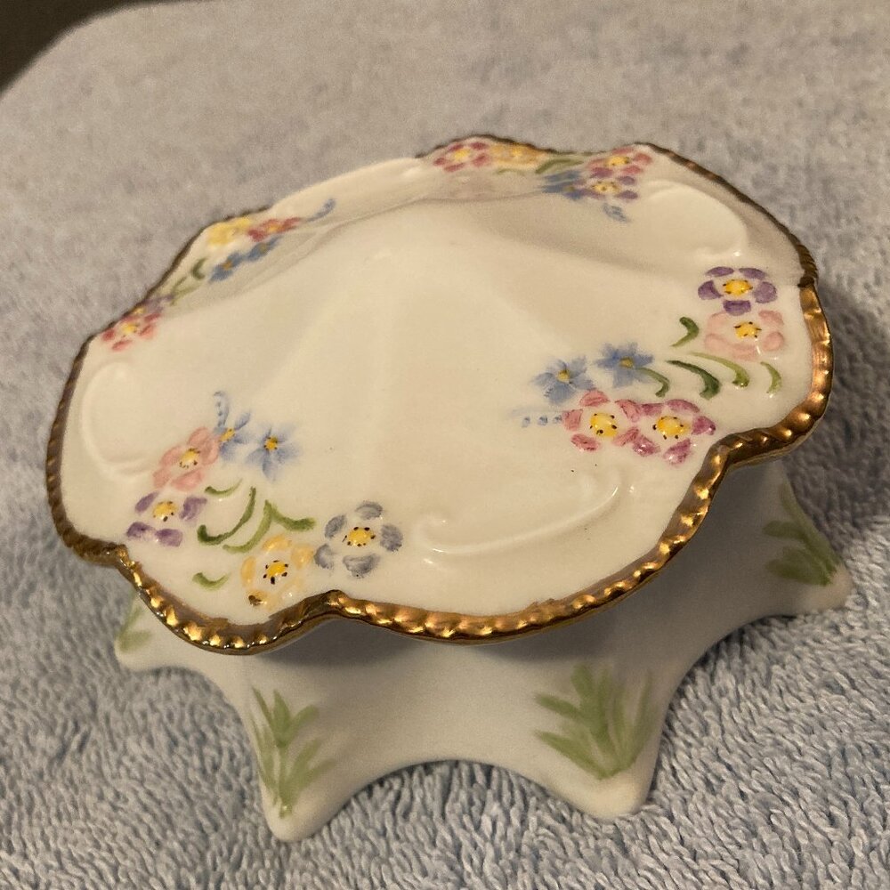 VTG 1999 Handpainted Flower Shape Trinket/Ring Dish-Gold Trim& Iridescent-4"-EUC